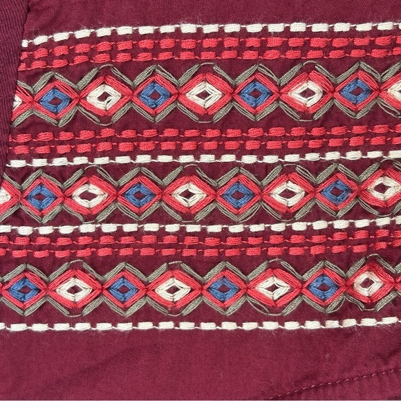 Eddie Bauer Tribal Embroidered Cotton Cap Sleeve T-shirt Boho Maroon Wine XS NEW - Picture 6 of 10